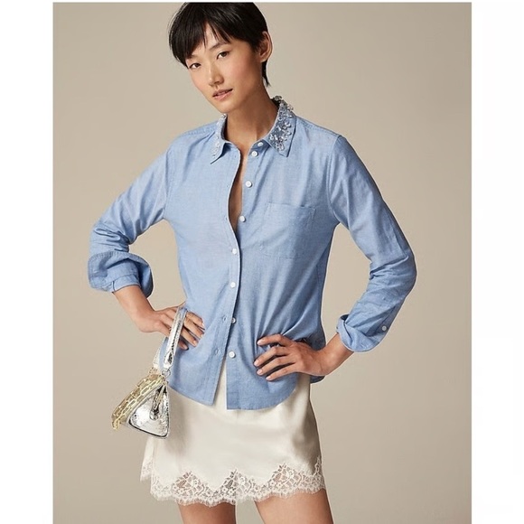 J. Crew Tops - J. Crew Collection Shrunken Light Blue Cotton Button-Up | 4